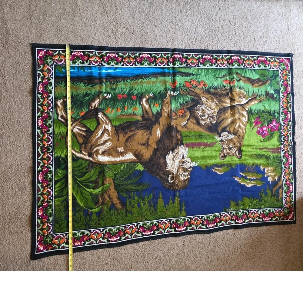 Vintage Lion Family Jungle Woven Wall Hanging Tapestry 58x38 Safari Wildlife